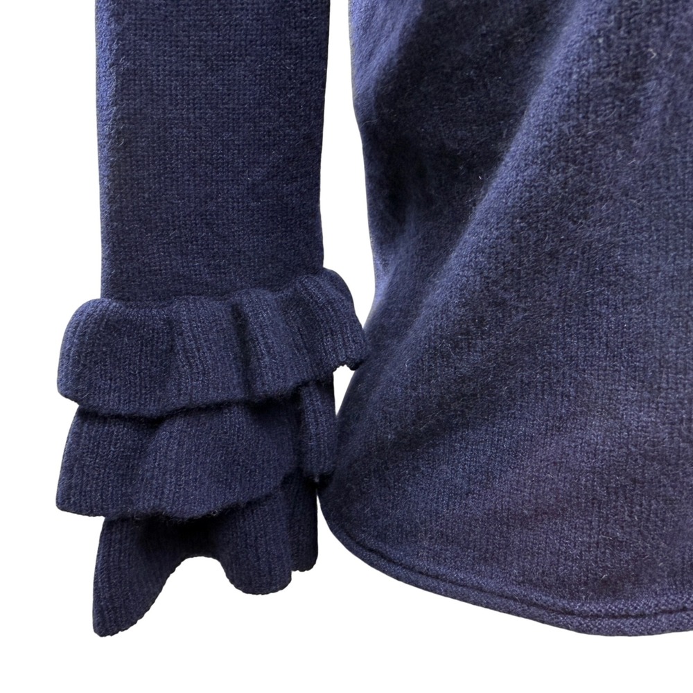 Margaret O'Leary Navy Blue 100% Cashmere Sweater XS V Neck Ruffle Sleeve Sweater - Picture 2 of 8